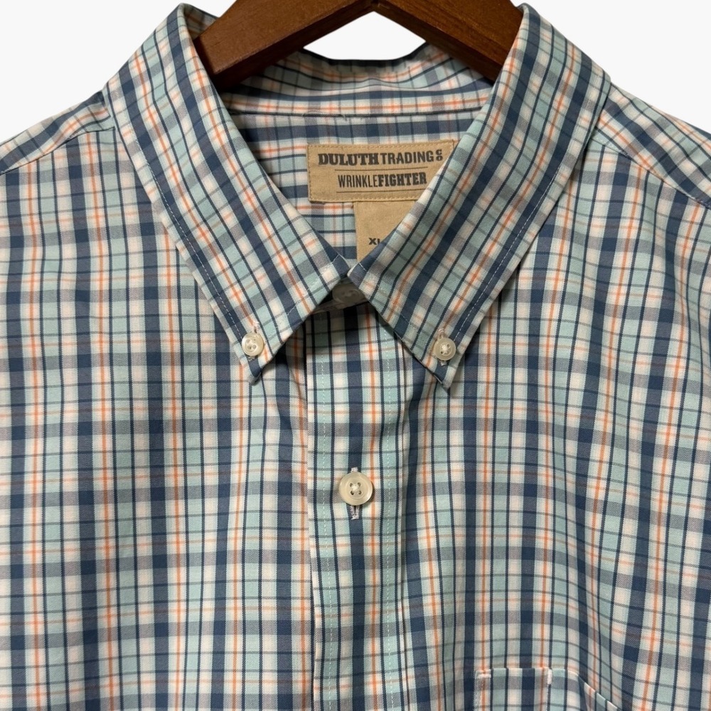 Duluth Trading Co Shirt Mens XL Tall Wrinklefighter Trim Fit Plaid Blue 64508